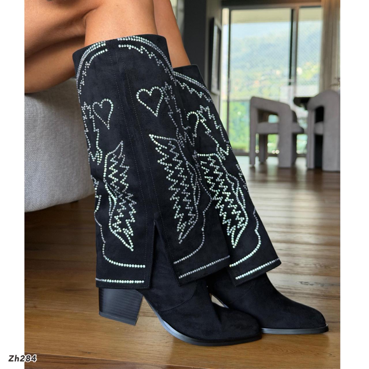 Bota texana negro doblez apliques brillantes tacon 7cm HX3170-B9573